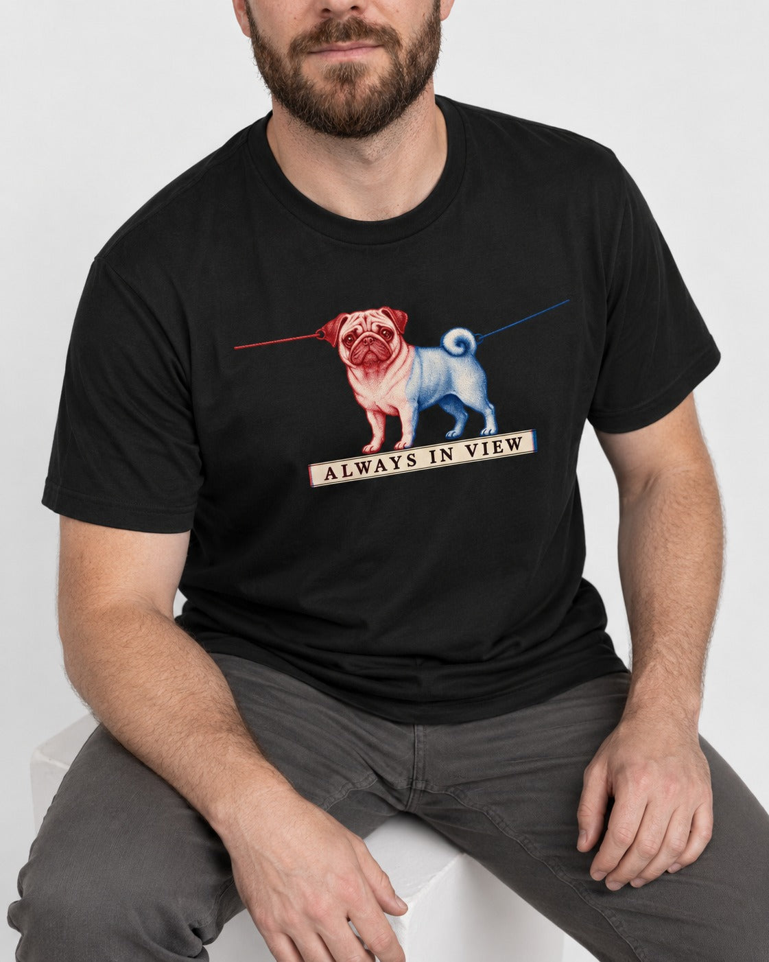 Pug Always in View Split Leash Graphic T-Shirt in Black, worn by a seated model