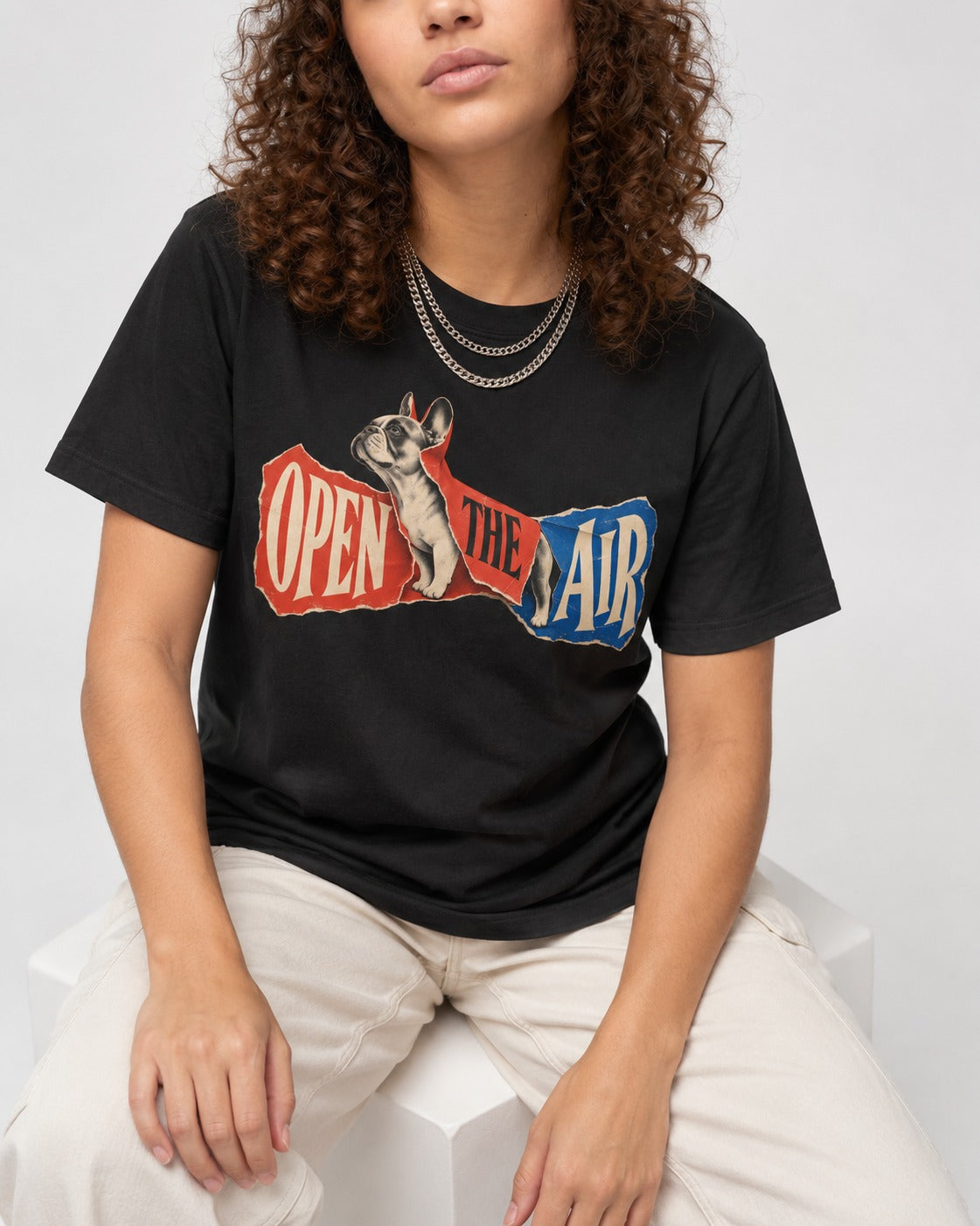 Frenchie Open the Air Torn Poster Graphic T-Shirt in Black, worn by a seated model