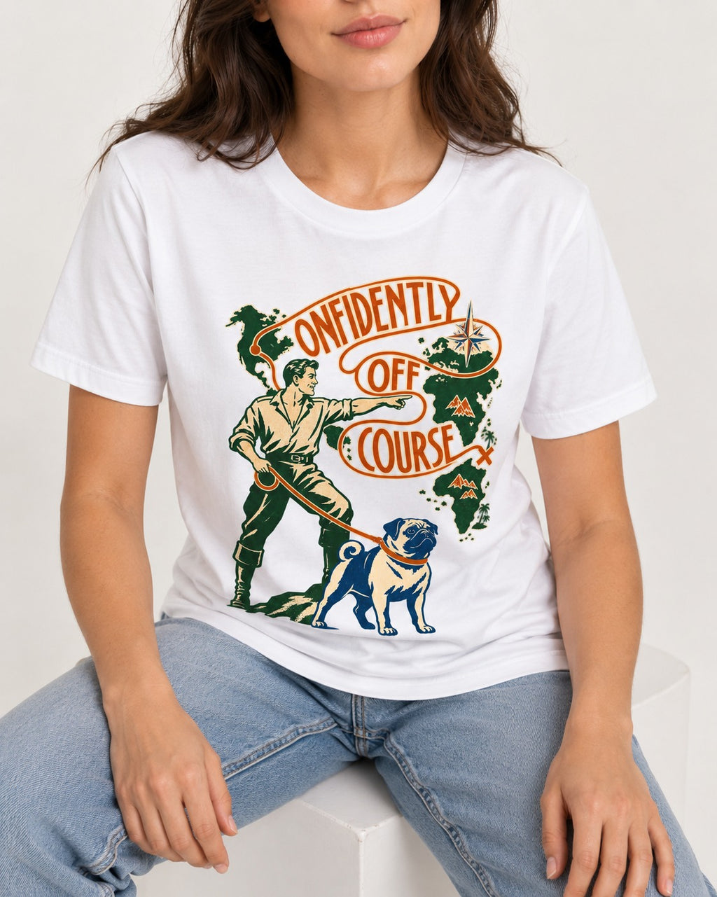 Pug Confidently Off Course T-Shirt in White, worn by a seated model