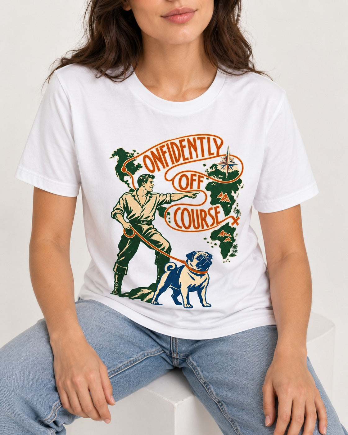 Pug Confidently Off Course T-Shirt in White, worn by a seated model