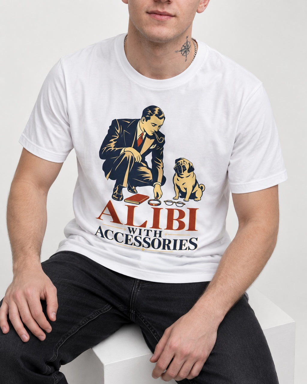 Pug Alibi with Accessories T-Shirt in White, worn by a seated model