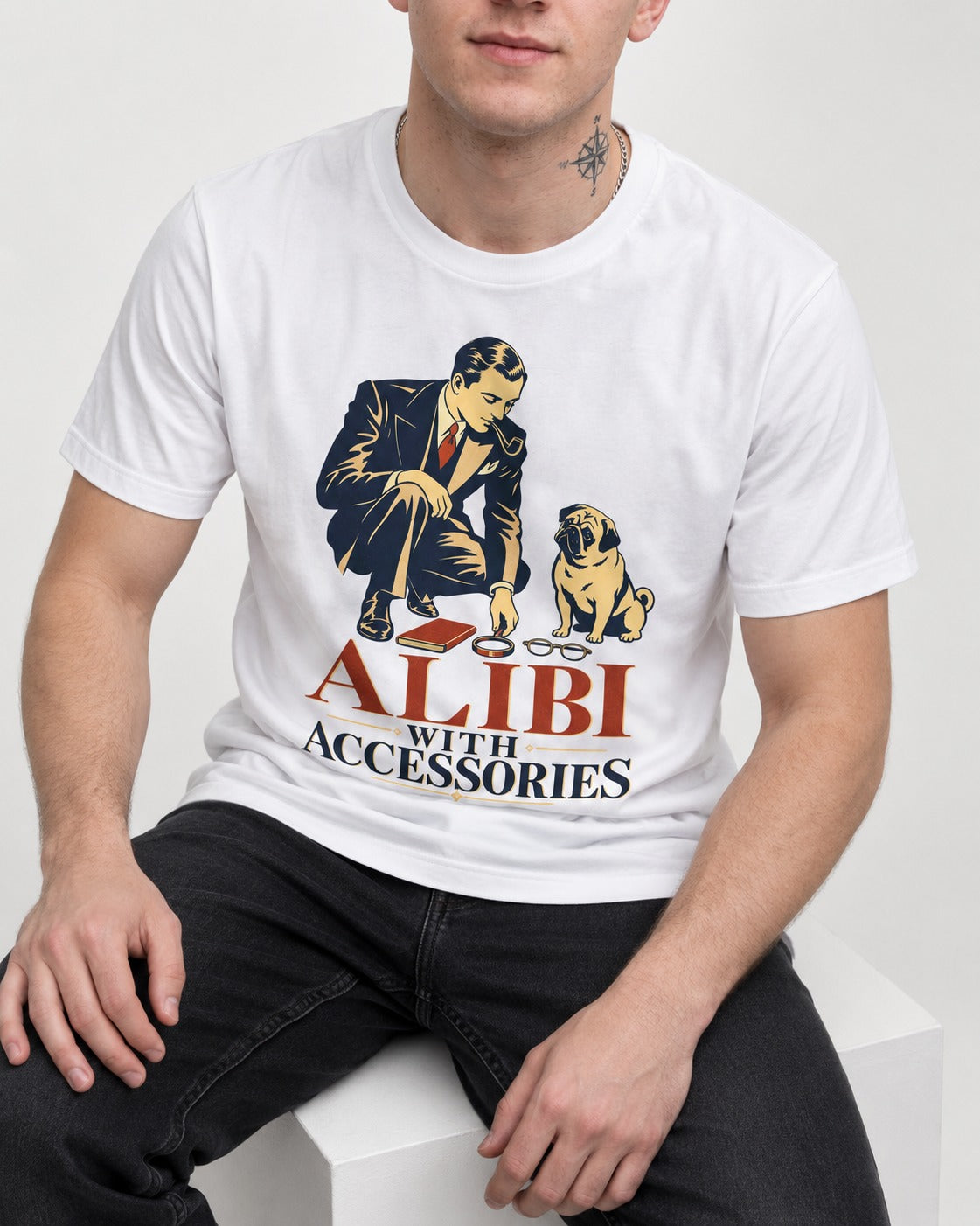 Pug Alibi with Accessories T-Shirt in White, worn by a seated model