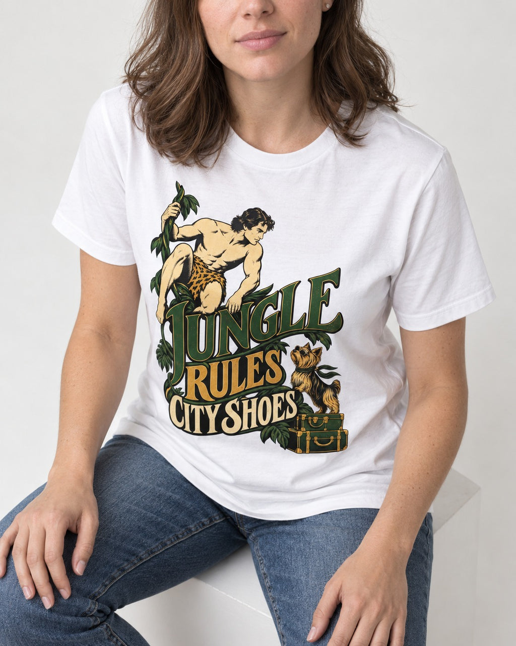 Jungle Rules City Shoes Yorkshire Terrier T-Shirt in White, worn by a seated model