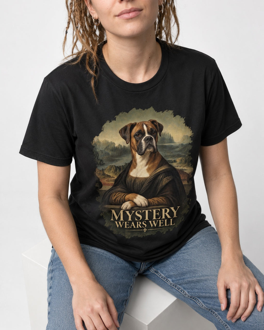 Mystery Wears Well Boxer Mona Lisa Portrait T-Shirt in Black, worn by a seated model