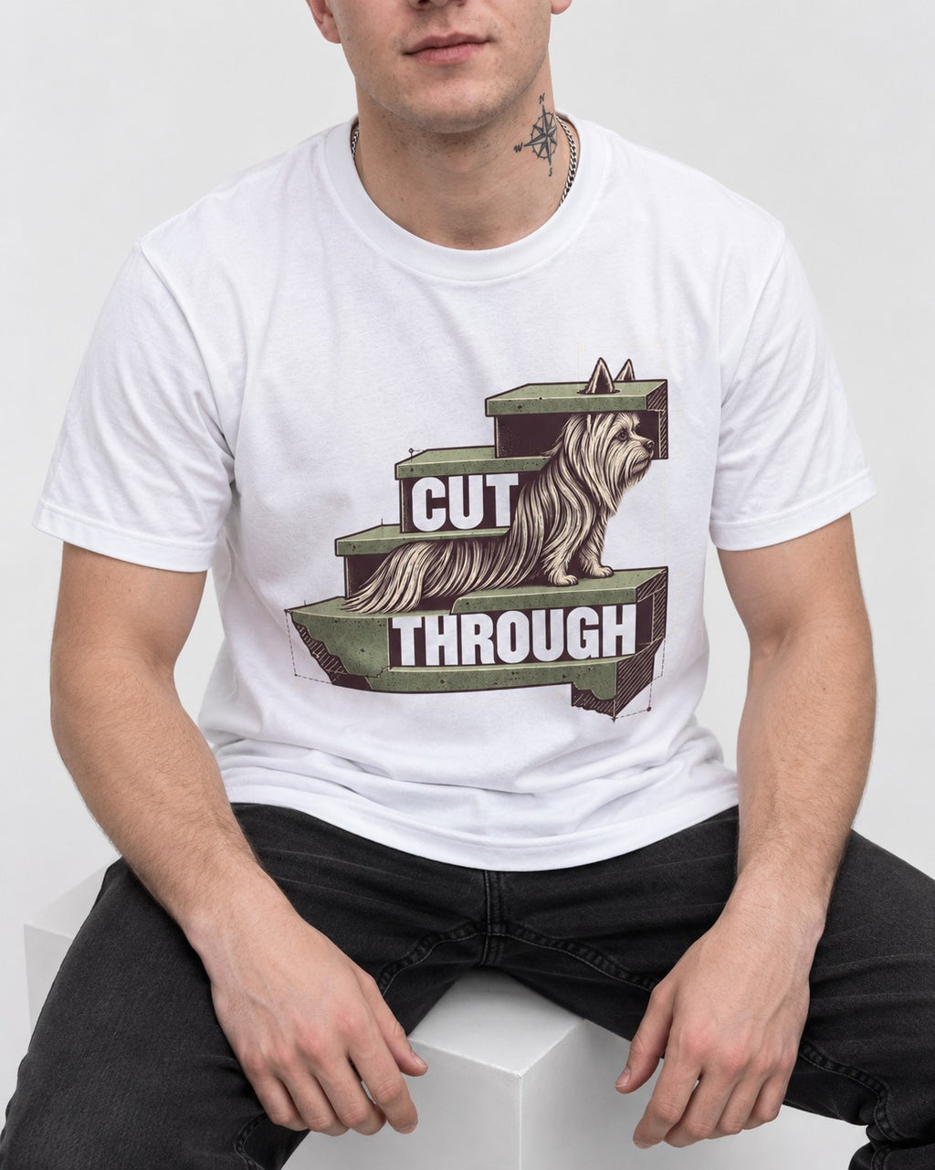 Yorkshire Terrier Cut Through T-Shirt in White, worn by a seated model
