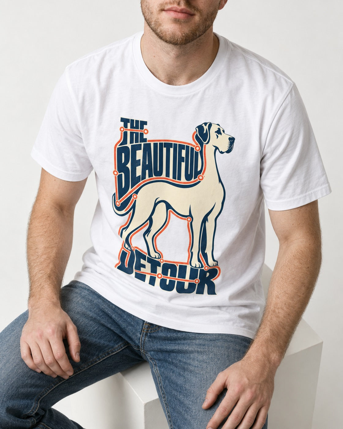 Great Dane's Beautiful Detour T-Shirt in White, worn by a seated model