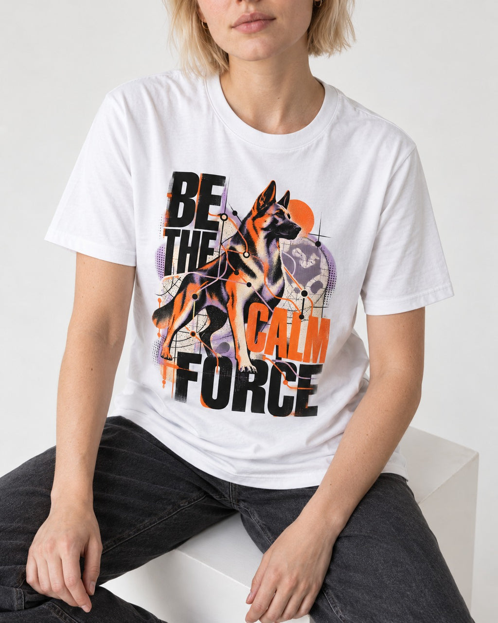 Be the Calm Force German Shepherd Dog T-Shirt in White, worn by a seated model