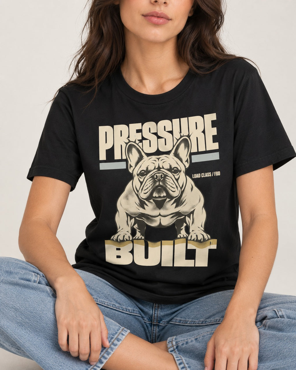 Frenchie Pressure Built Load Class Graphic T-Shirt in Black, worn by a seated model