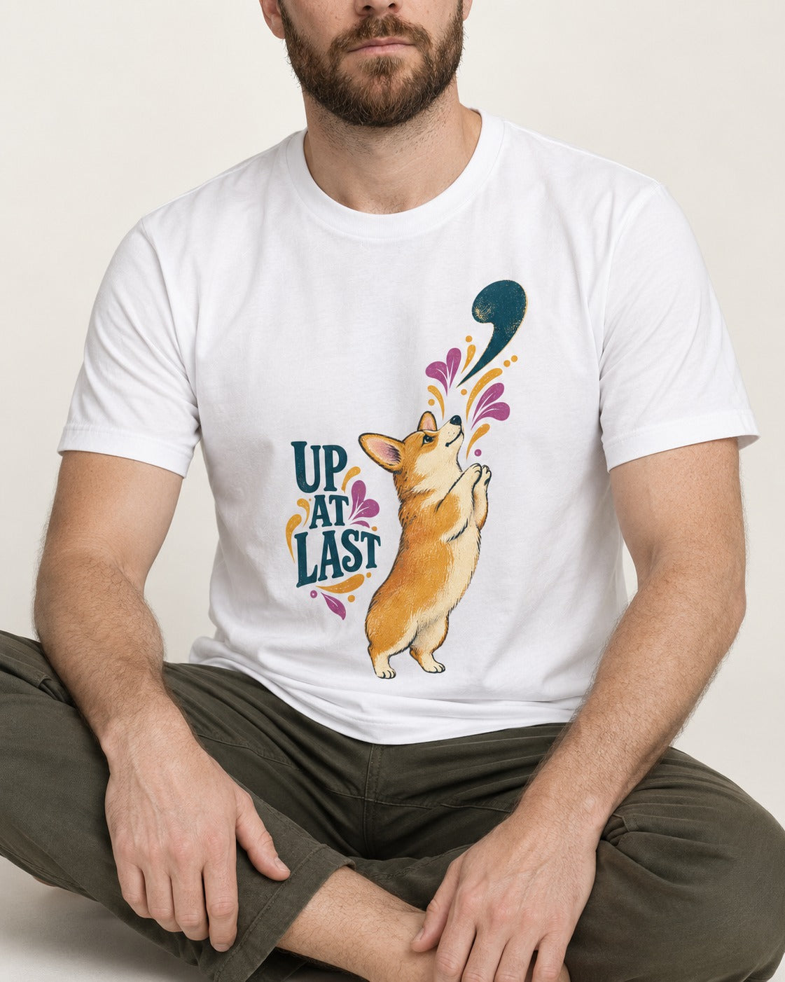 Corgi Up at Last T-Shirt in White, worn by a seated model