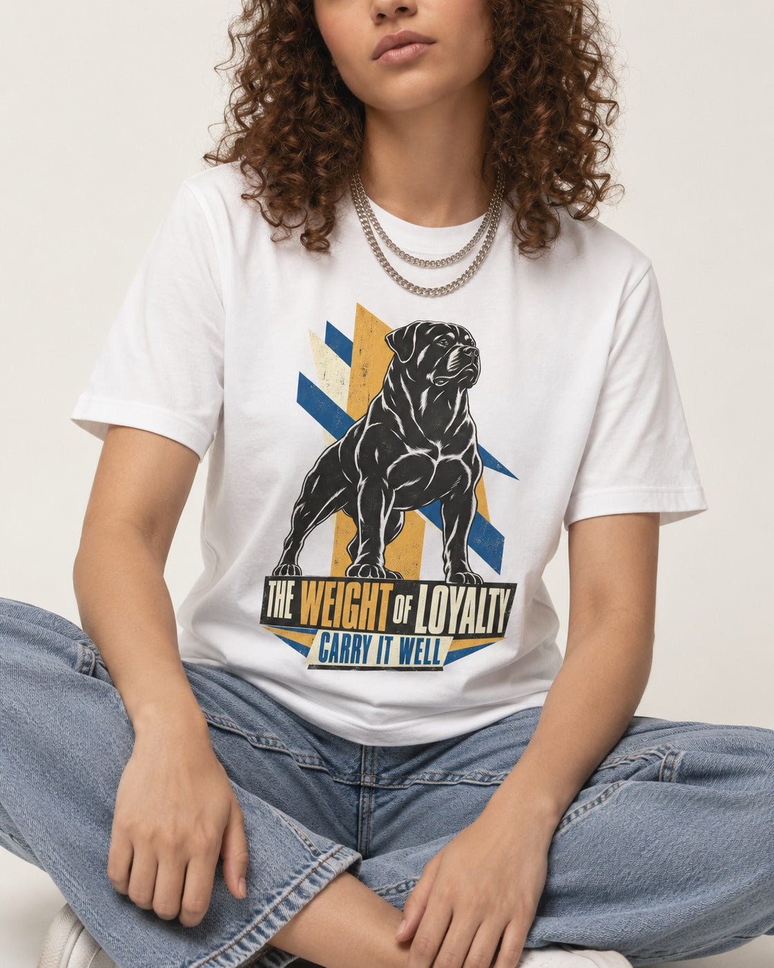 Rottweiler Weight of Loyalty T-Shirt in White, worn by a seated model