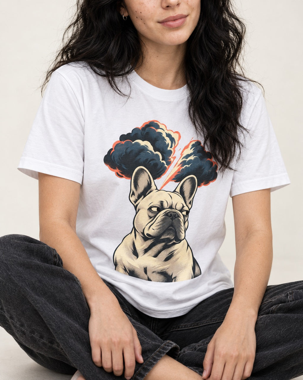 Frenchie Storm Warning T-Shirt in White, worn by a seated model