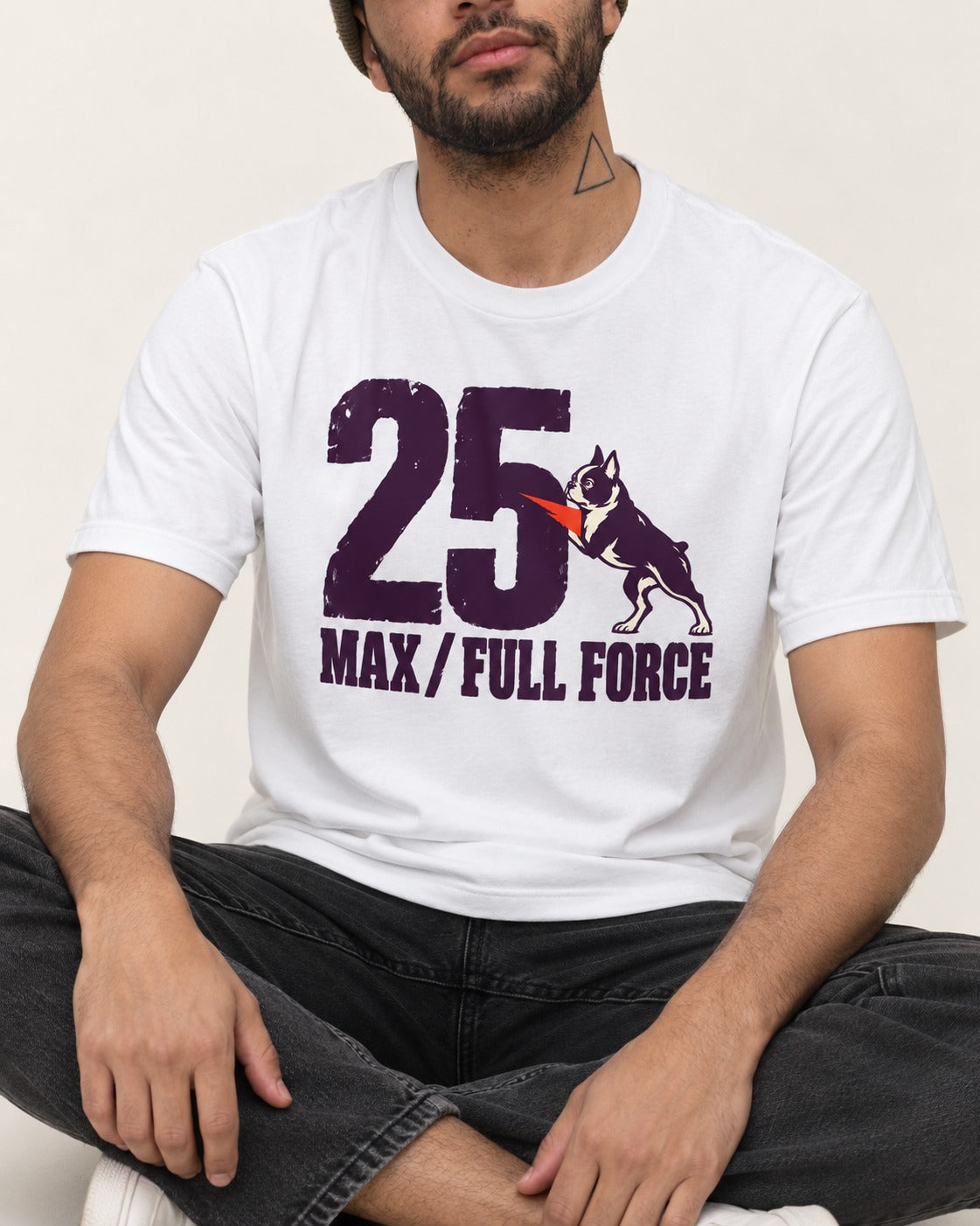 Boston Terrier Full Force T-Shirt in White, worn by a seated model