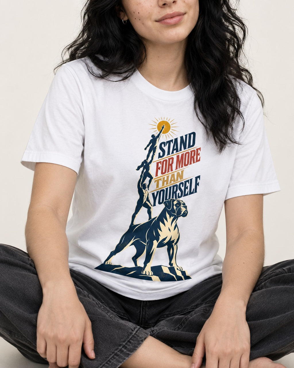 Boxer Stand for More T-Shirt in White, worn by a seated model