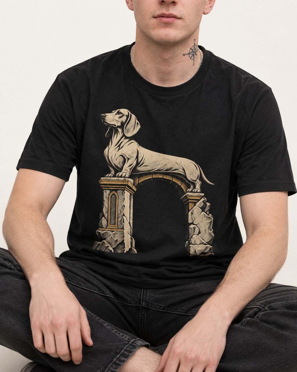 Dachshund Ruined Stone Arch Monument Graphic T-Shirt in Black, worn by a seated model