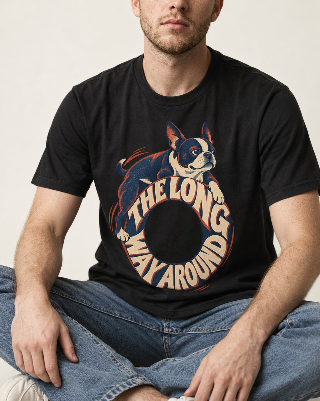 Boston Terrier the Long Way Around T-Shirt in Black, worn by a seated model