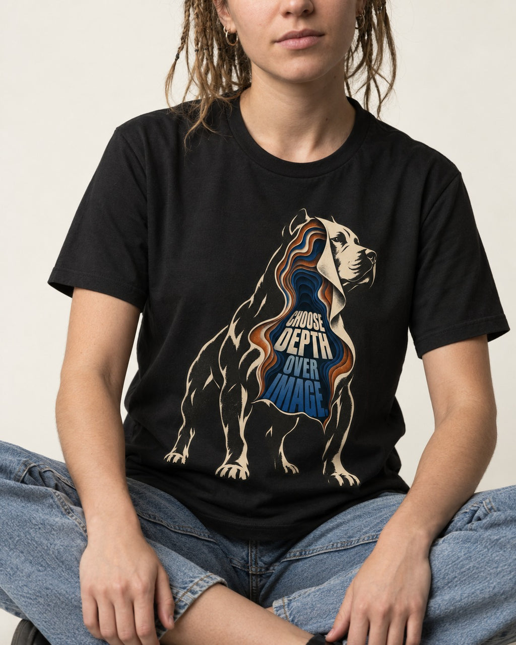 Pitbull Choose Depth Over Image Layered Cutaway Graphic T-Shirt in Black, worn by a seated model