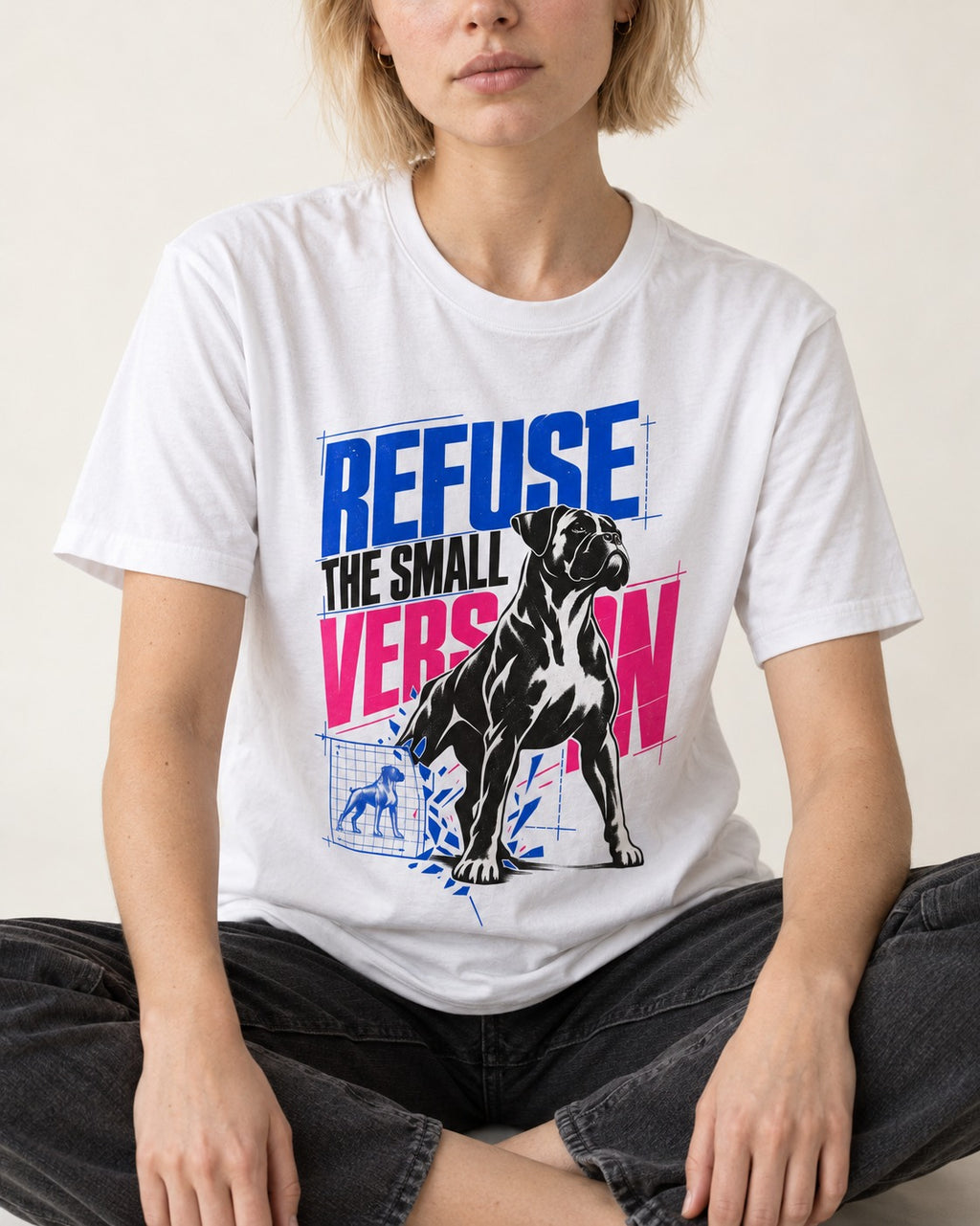 Boxer Refuse the Small Version T-Shirt in White, worn by a seated model