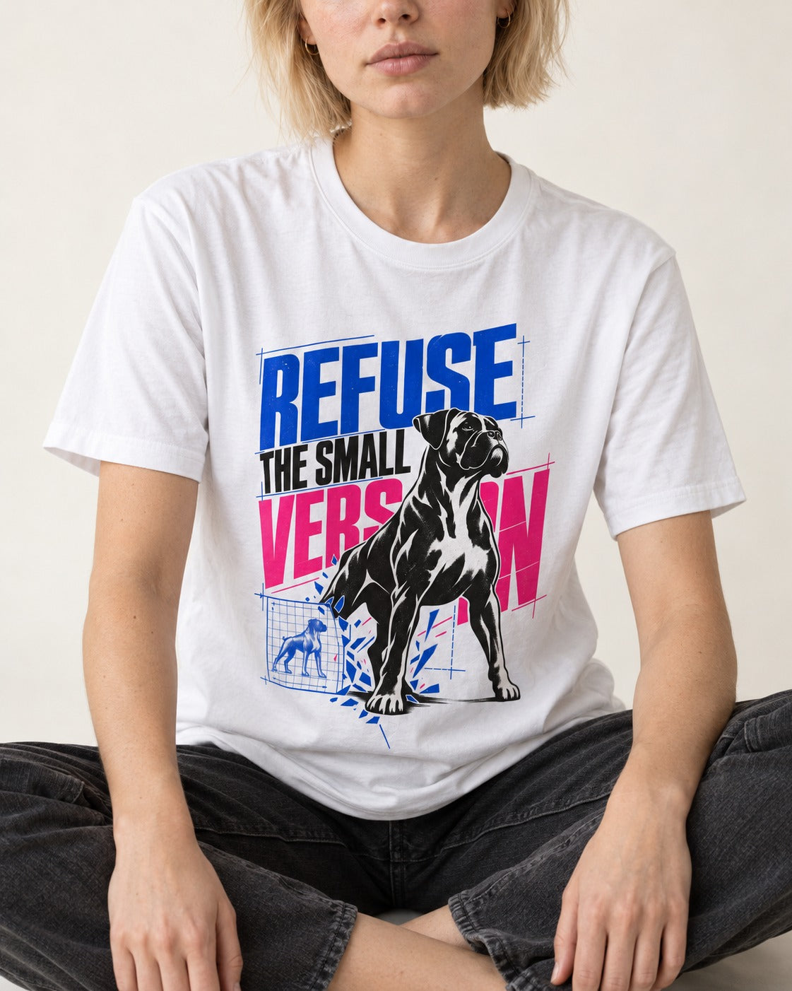 Boxer Refuse the Small Version T-Shirt in White, worn by a seated model