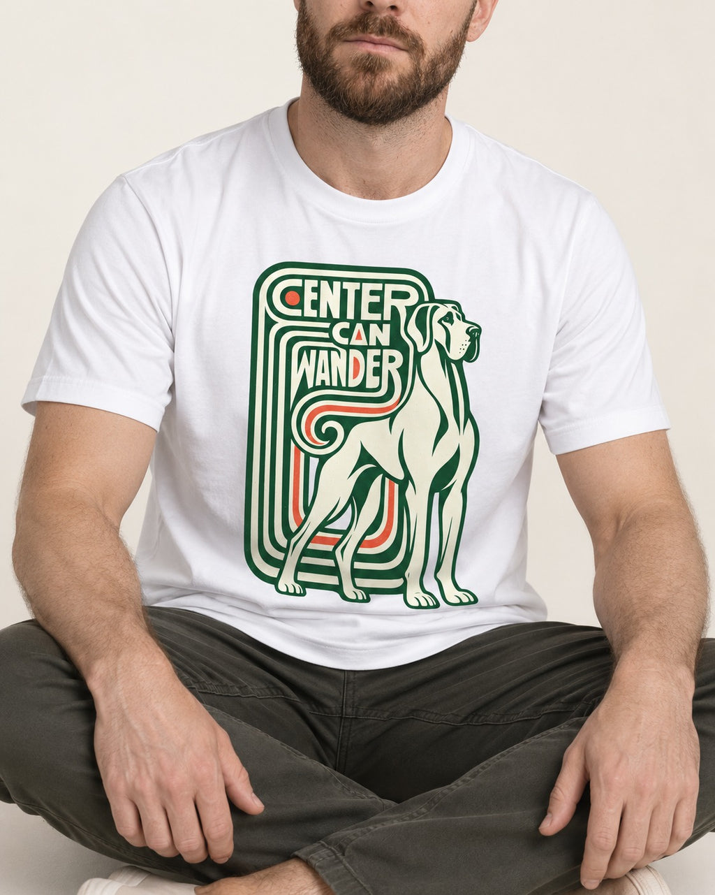 Great Dane Center Can Wander T-Shirt in White, worn by a seated model