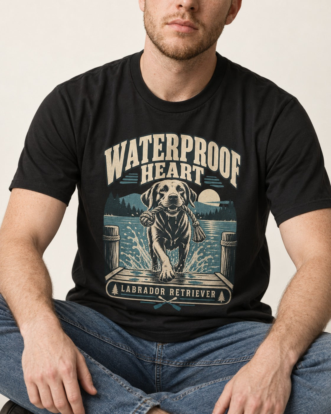 Labrador Retriever Waterproof Heart Lake Adventure Graphic T-Shirt in Black, worn by a seated model