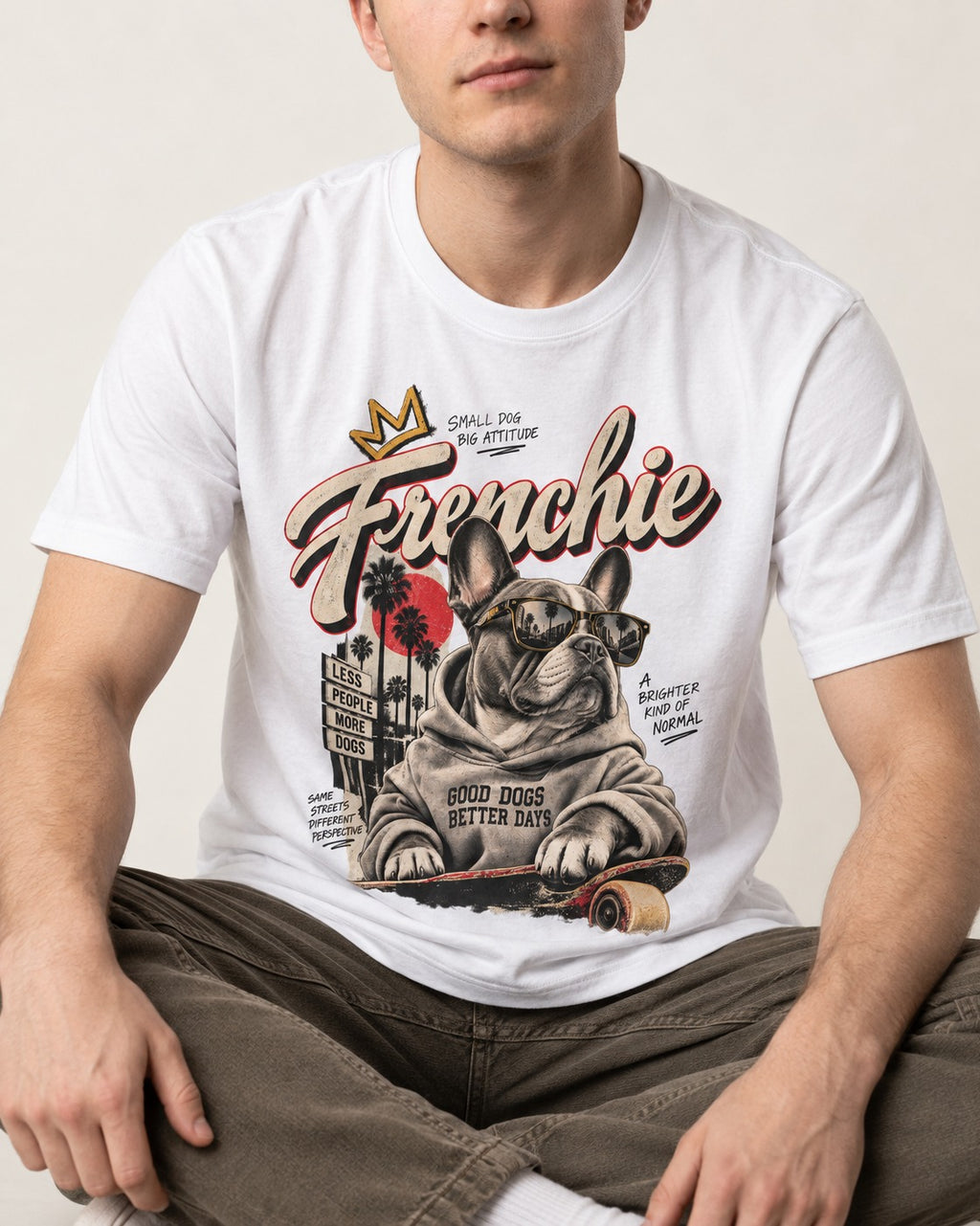 Frenchie Better Days T-Shirt in White, worn by a seated model