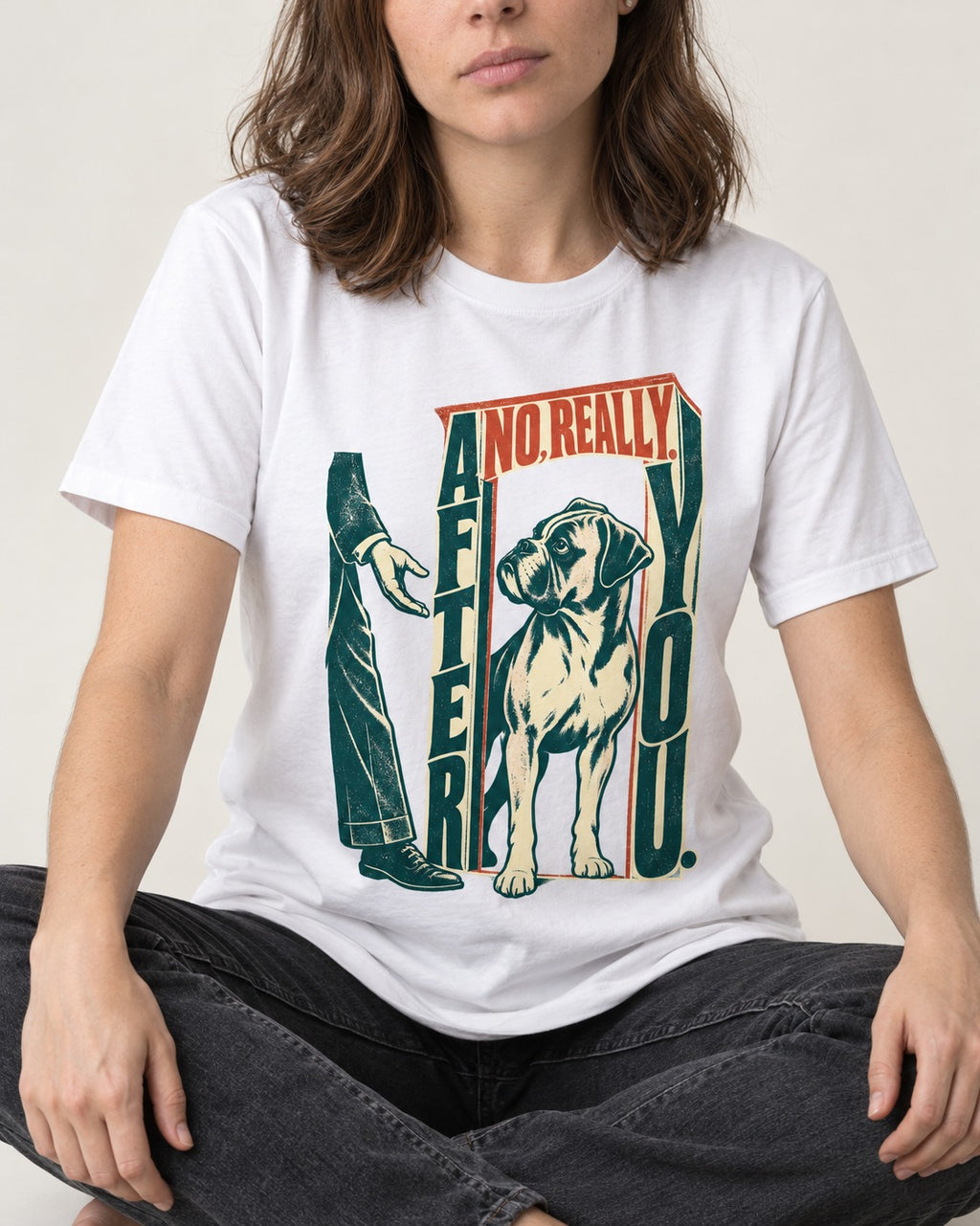Boxer Says After You T-Shirt in White, worn by a seated model