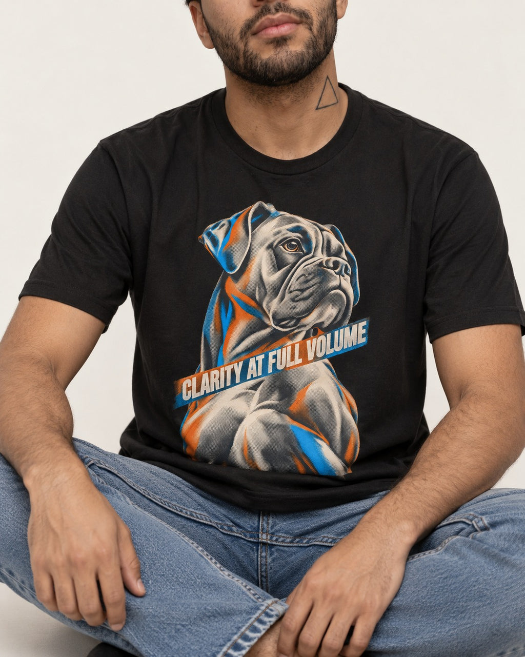 Clarity at Full Volume Boxer Portrait T-Shirt in Black, worn by a seated model