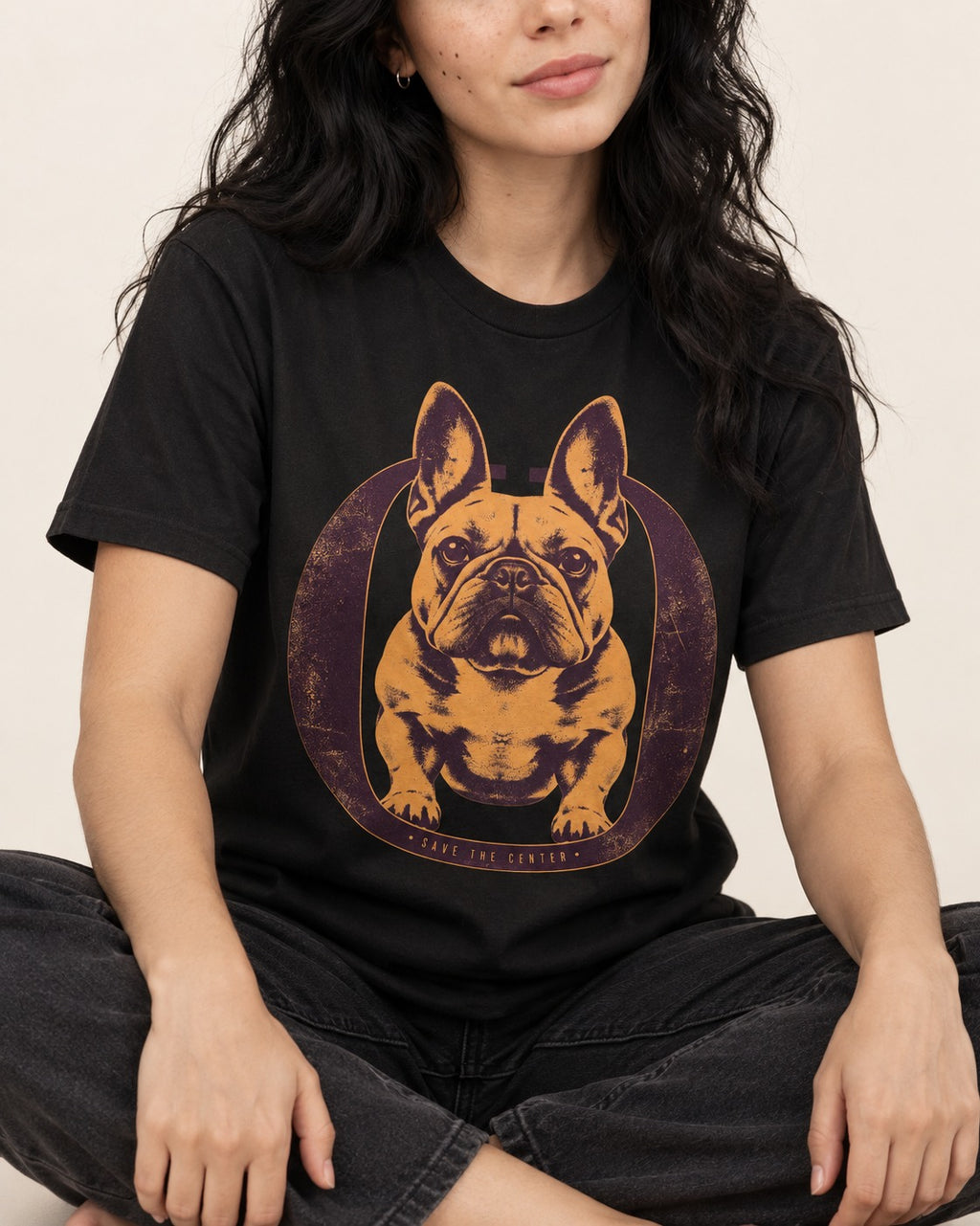 Frenchie Save the Center Oval Portrait Graphic T-Shirt in Black, worn by a seated model