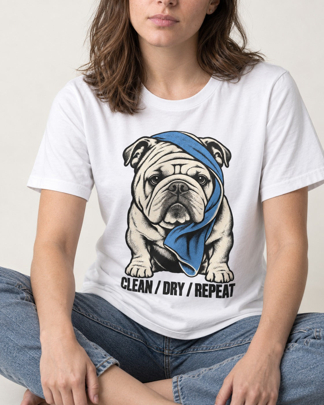 Clean Dry Repeat English Bulldog T-Shirt in White, worn by a seated model
