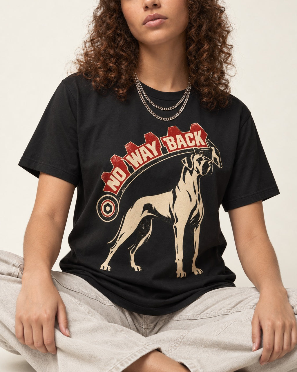 Great Dane No Way Back Arrow Graphic T-Shirt in Black, worn by a seated model