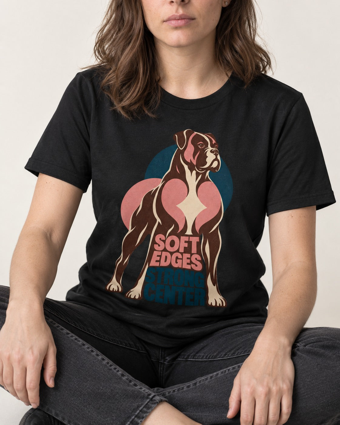 Boxer Soft Edges Strong Center T-Shirt in Black, worn by a seated model
