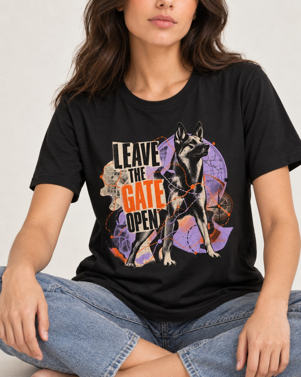Leave The Gate Open Transit Collage German Shepherd Dog Graphic T-Shirt in Black, worn by a seated model