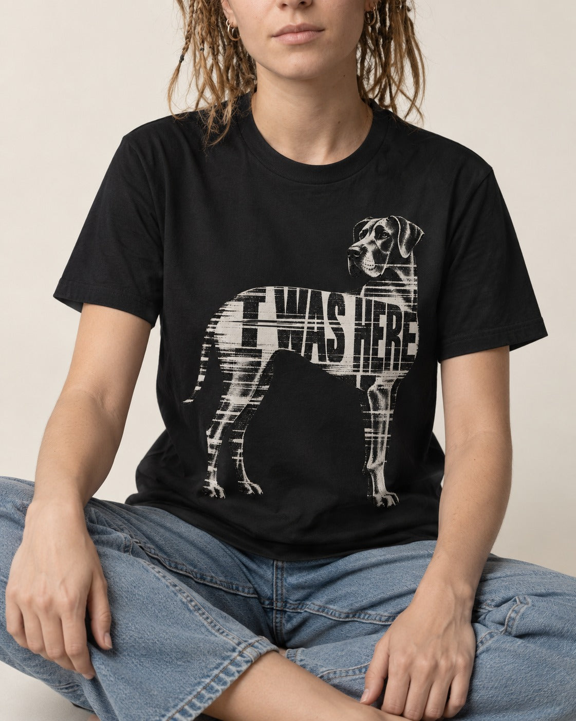 Great Dane I Was Here Plaid Silhouette Graphic T-Shirt in Black, worn by a seated model