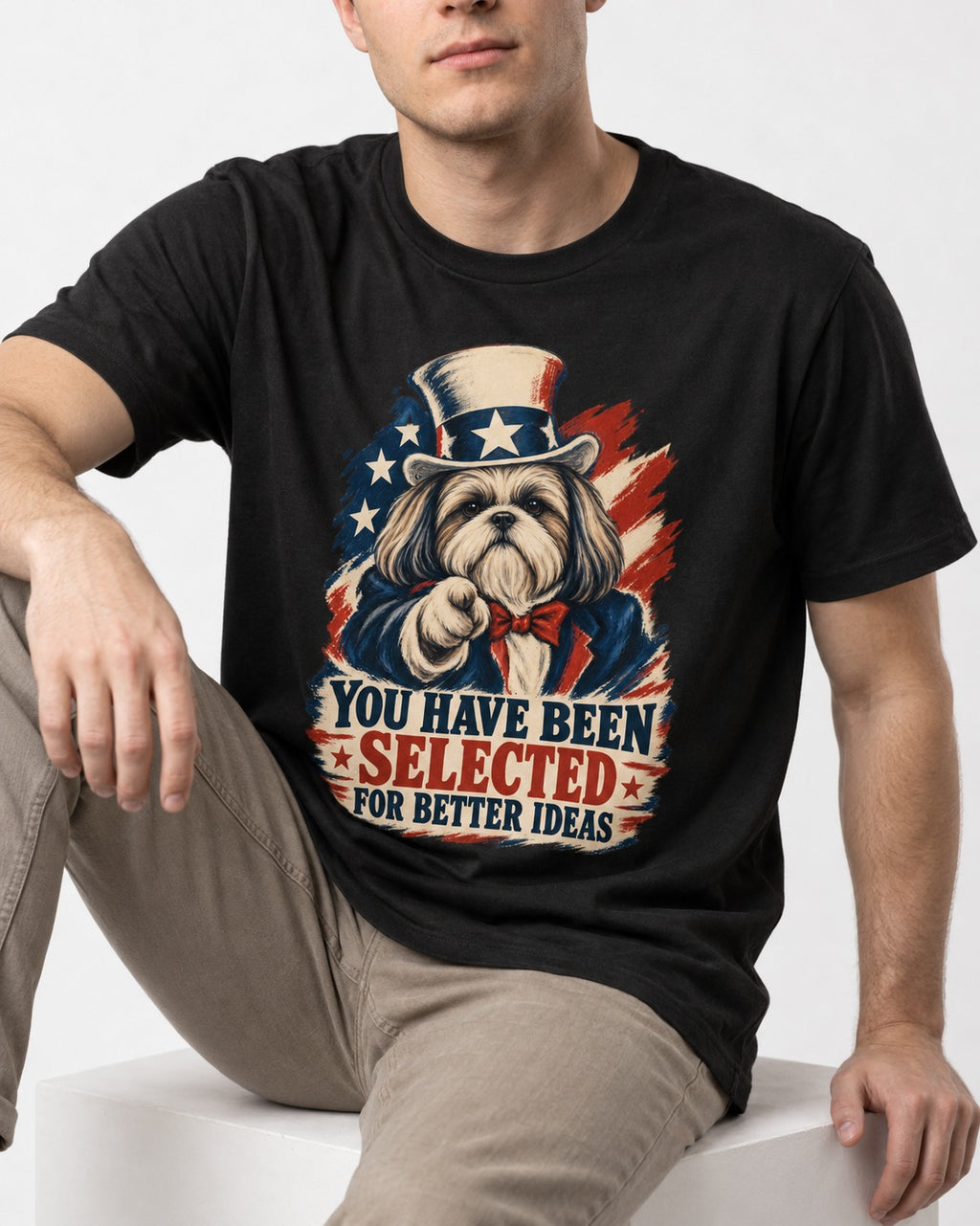 Shih Tzu You Have Been Selected Uncle Sam Graphic T-Shirt in Black, worn by a seated model