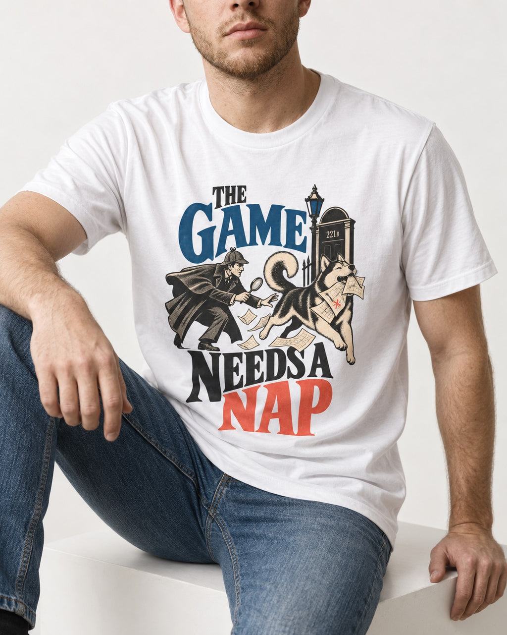 Husky Needs a Nap T-Shirt in White, worn by a seated model
