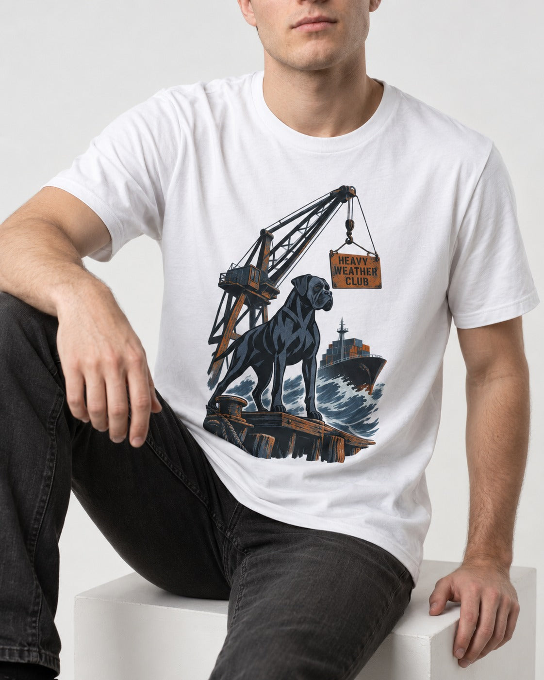 Boxer Heavy Weather Club T-Shirt in White, worn by a seated model