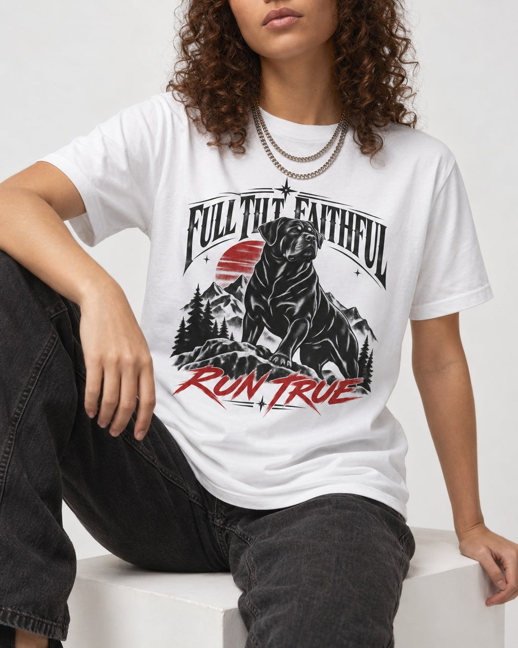 Run True Rottweiler T-Shirt in White, worn by a seated model