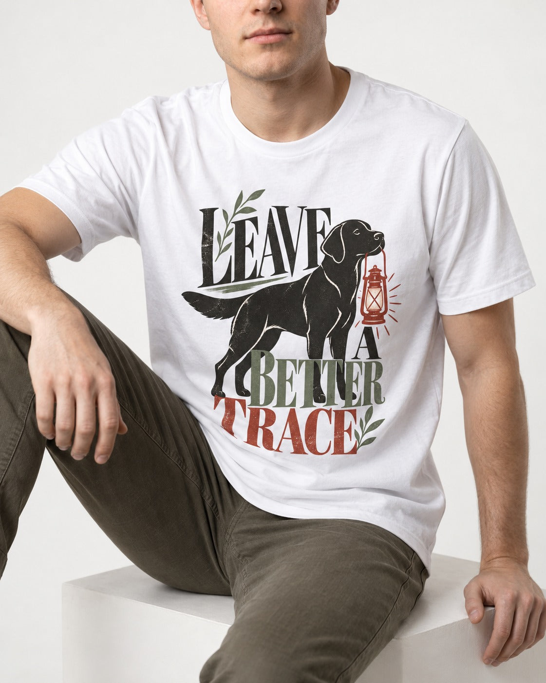 Leave a Better Trace Labrador Retriever T-Shirt in White, worn by a seated model