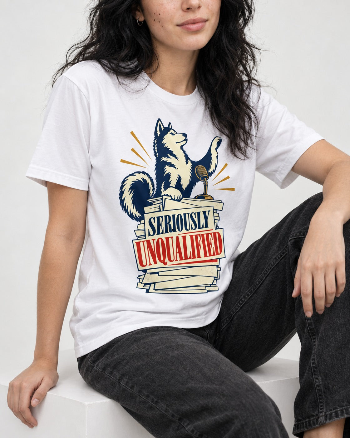 Seriously Unqualified Husky T-Shirt in White, worn by a seated model