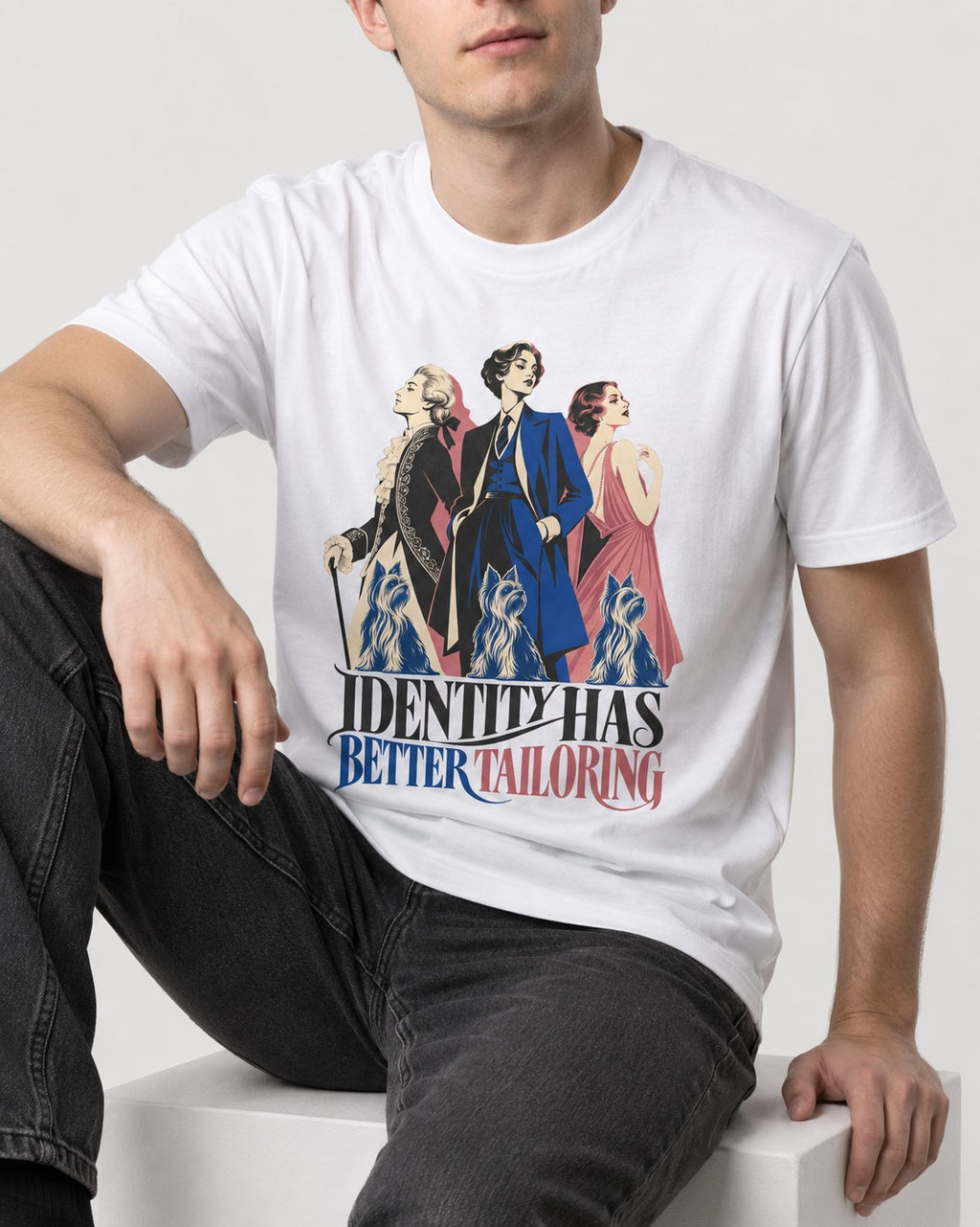 Yorkshire Terrier Identity Has Better Tailoring T-Shirt in White, worn by a seated model