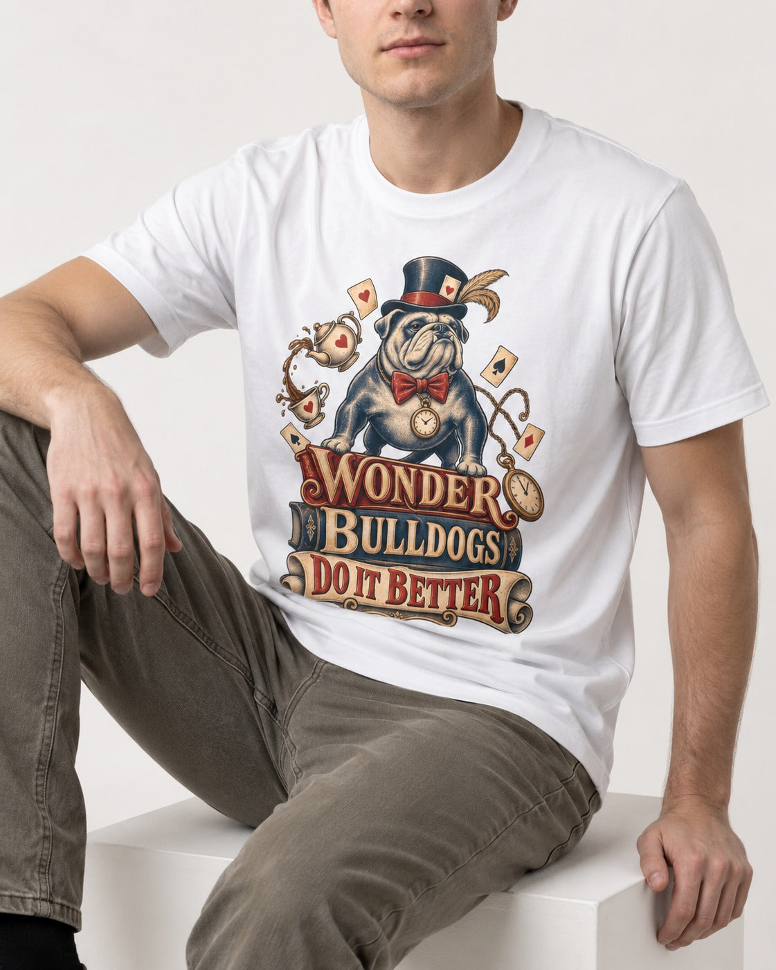 Wonder English Bulldog T-Shirt in White, worn by a seated model