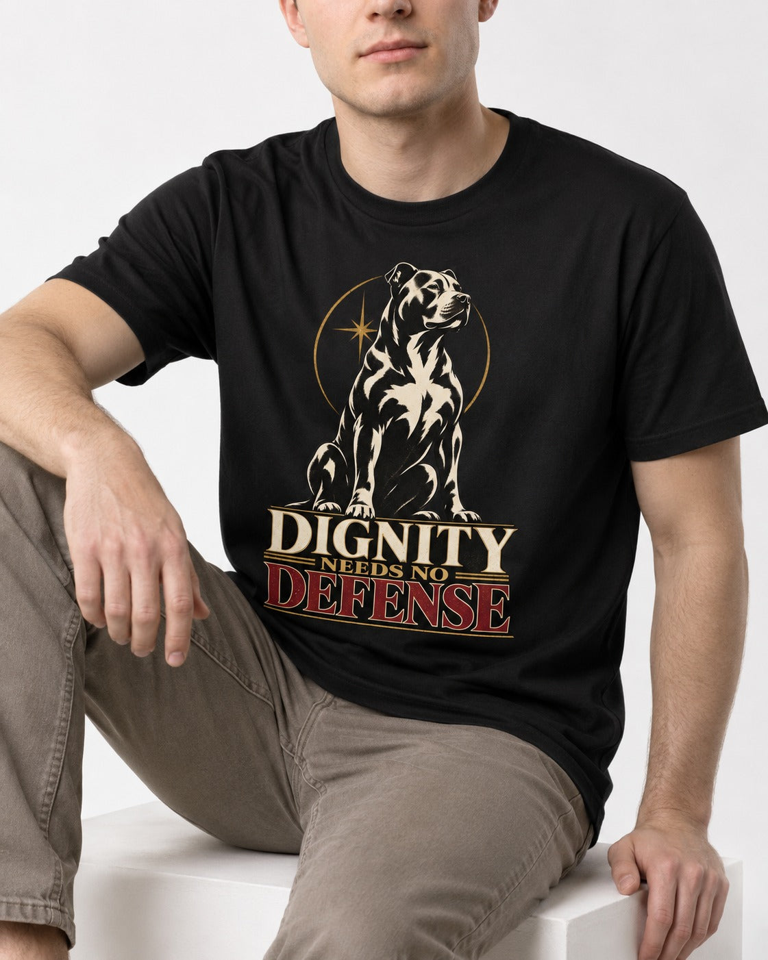 Pitbull Dignity Needs No Defense Seated Emblem Graphic T-Shirt in Black, worn by a seated model