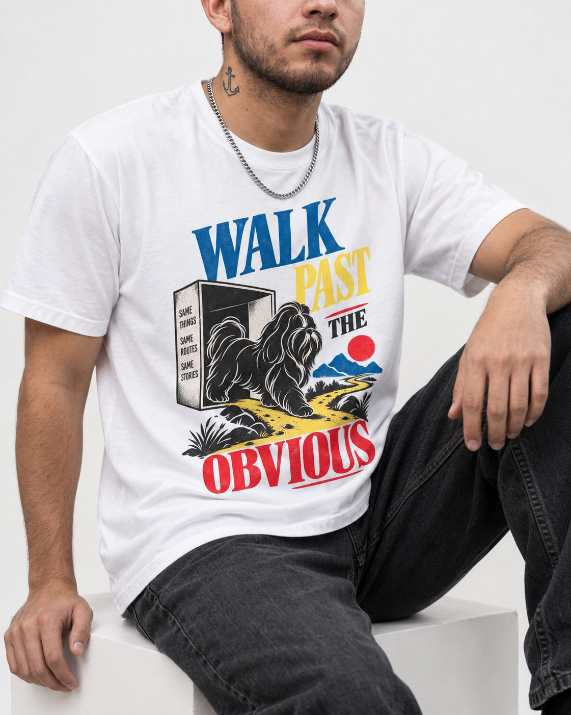 Shih Tzu Walk Past the Obvious T-Shirt in White, worn by a seated model