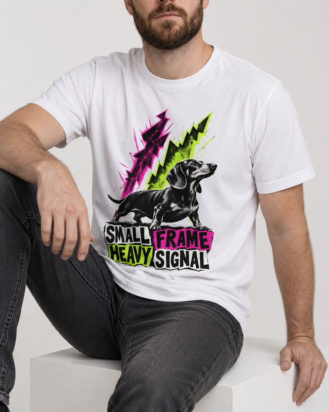 Dachshund Small Frame Heavy Signal T-Shirt in White, worn by a seated model
