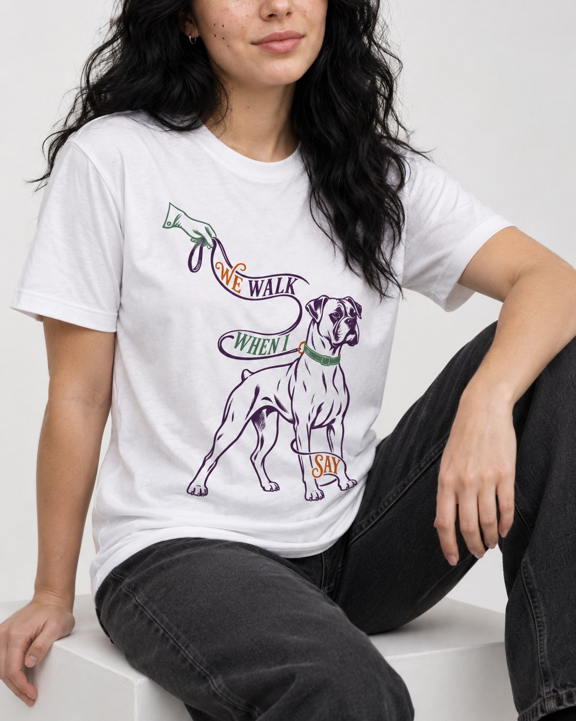 Boxer When I Say T-Shirt in White, worn by a seated model