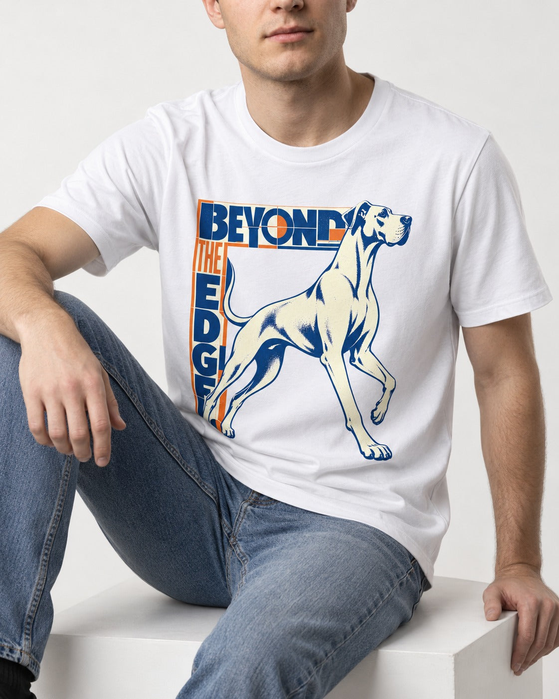 Great Dane Beyond the Edge T-Shirt in White, worn by a seated model