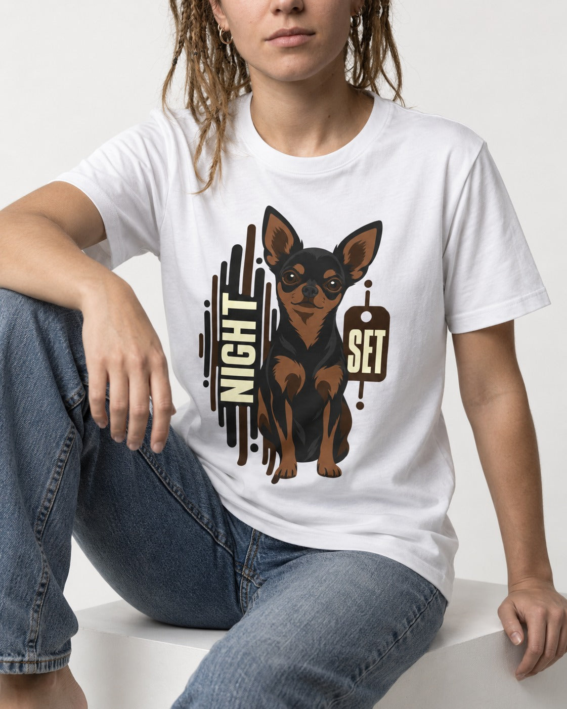 Chihuahua Night Set T-Shirt in White, worn by a seated model