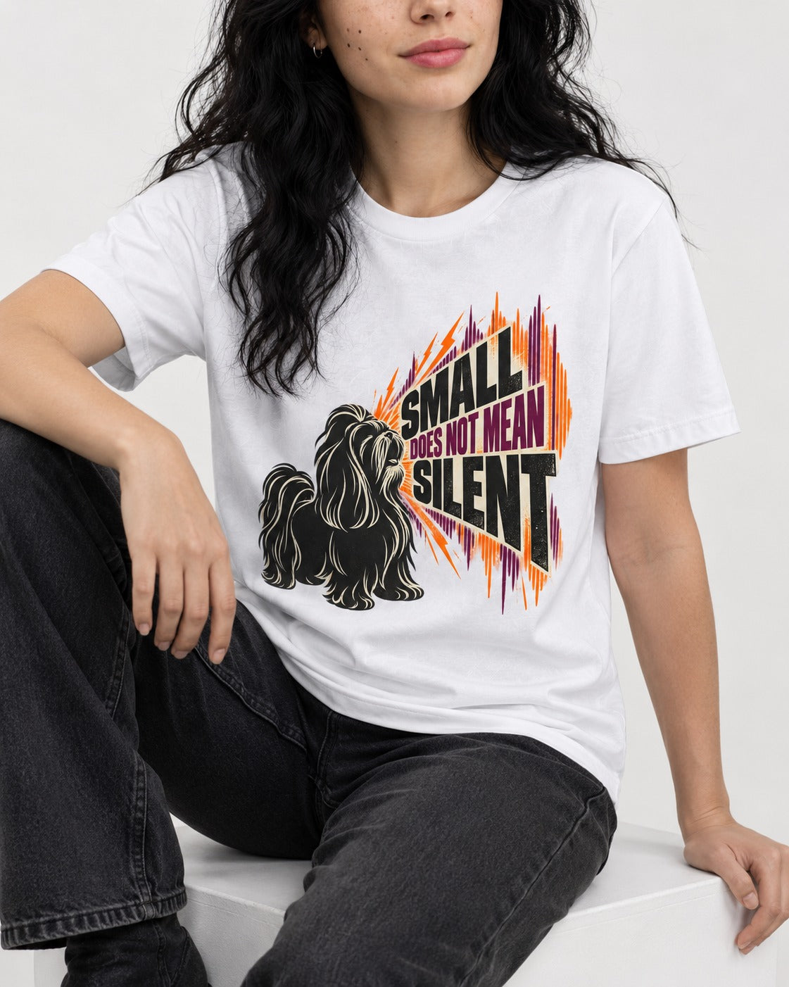 Small Not Silent Shih Tzu T-Shirt in White, worn by a seated model