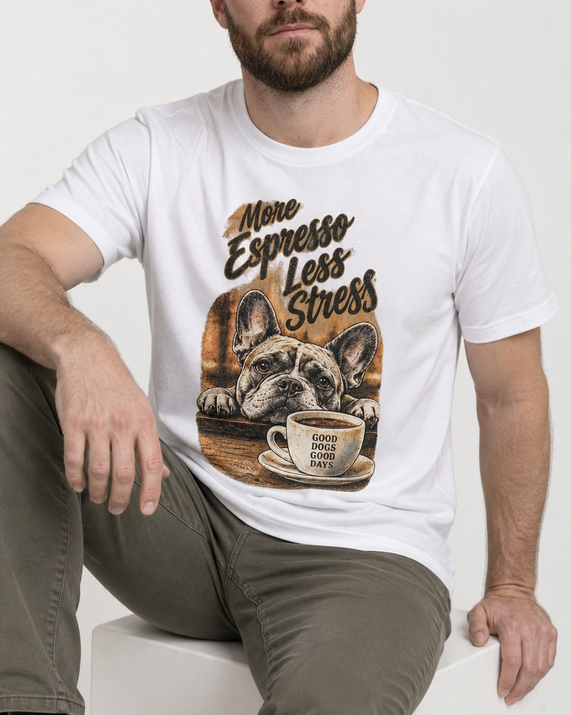 Frenchie More Espresso Less Stress T-Shirt in White, worn by a seated model