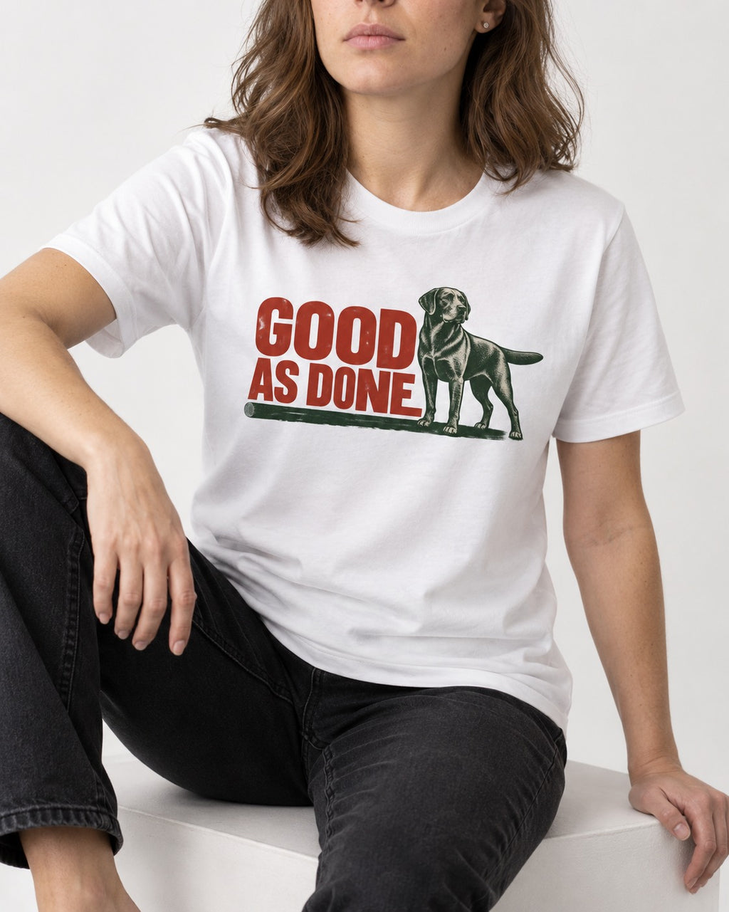 Good as Done Labrador Retriever T-Shirt in White, worn by a seated model